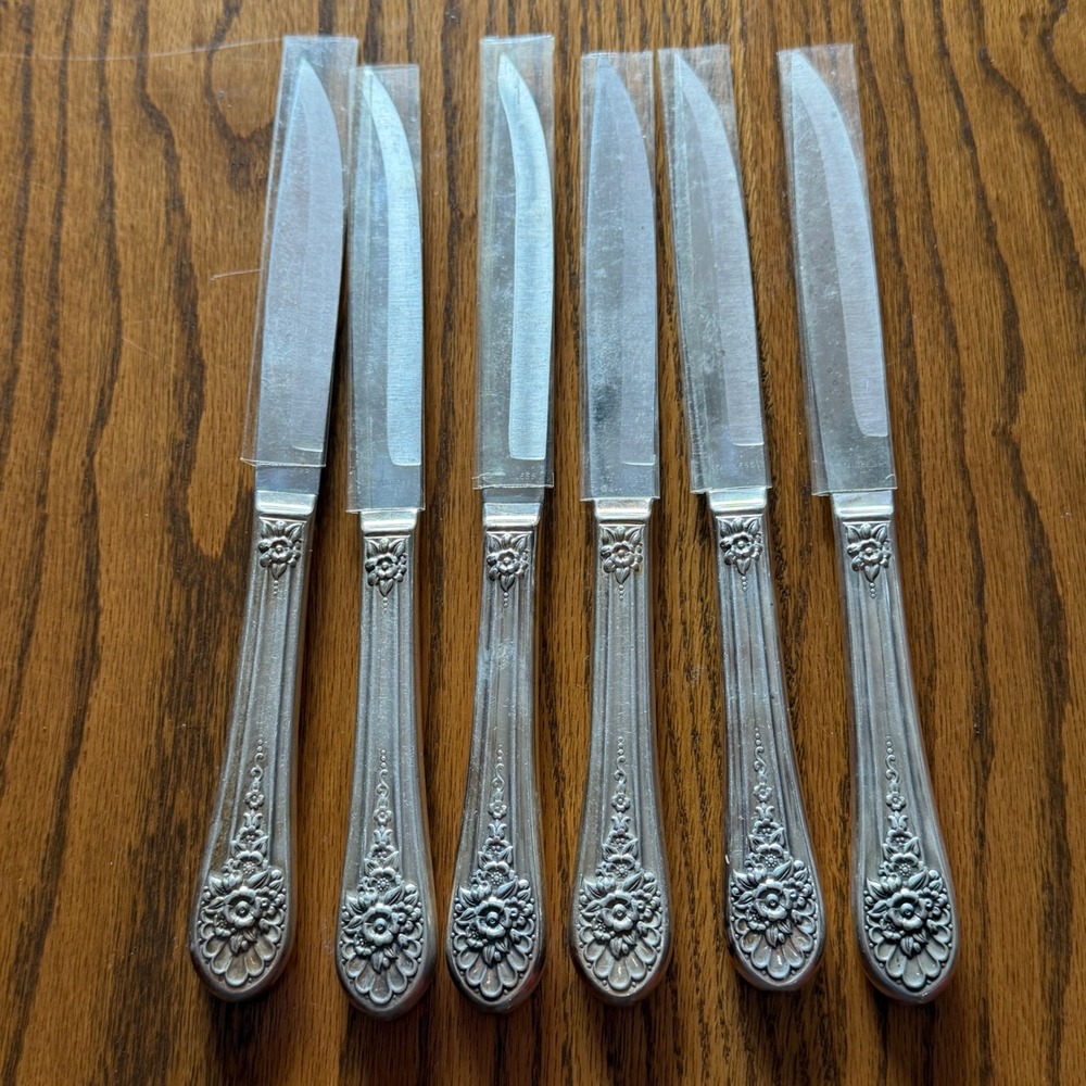 READ WM Rogers Silver Plate JUBILEE Pattern Steak Knives Stainless Steel 6 Piece